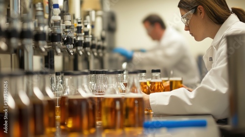 In the quality control lab, technicians analyze samples of beer for flavor photo