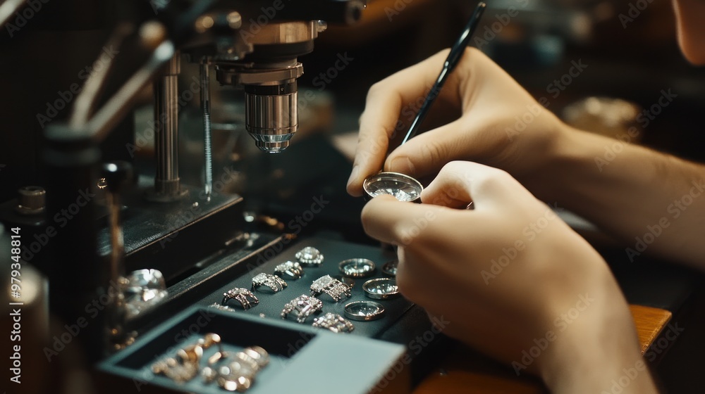 In the quality control section, jewelers are inspecting finished pieces with magnifying glasses and loupe magnifiers In the quality control section, jewelers are inspecting finished pieces with magnifying glasses and loupe magnifiers