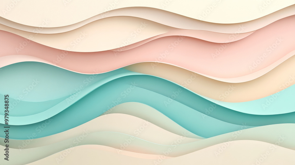 A soft, flowing paper cut wave design in pastel beige, soft teal, and blush pink, with smooth layers creating a calming background.