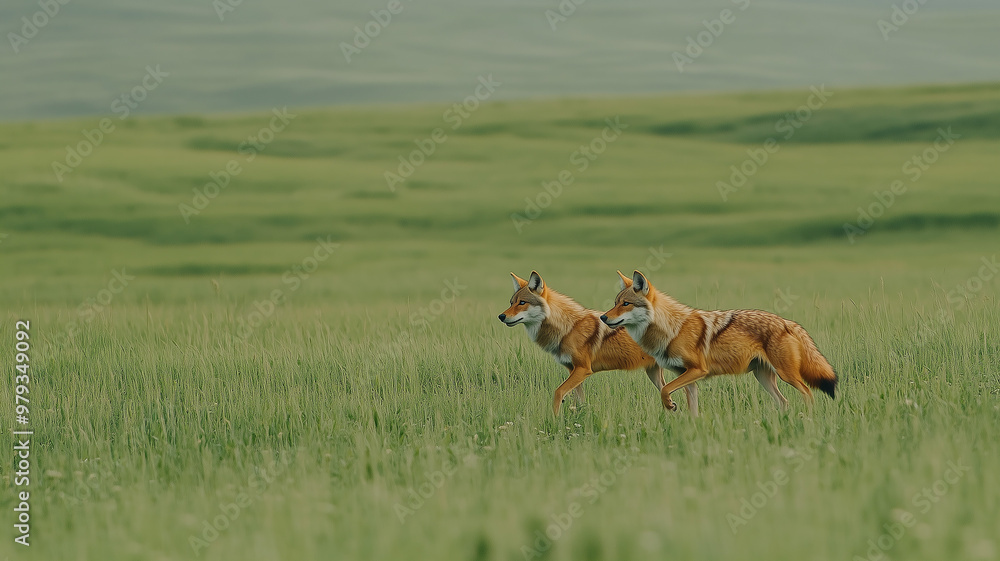 A Pair of Red Wolves Roaming the Grasslands of Sichuan, China: Two red wolves are seen moving stealthily across the open grasslands, their reddish fur contrasting with the green landscape. A Pair of Red Wolves Roaming the Grasslands of Sichuan, China: Two red wolves are seen moving stealthily across the open grasslands, their reddish fur contrasting with the green landscape.