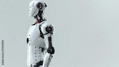 A humanoid robot stands in a white room.