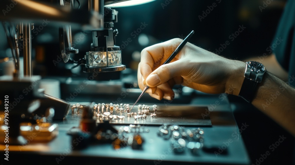 In the setting workshop, jewelers are meticulously setting diamonds and gemstones into gold and silver settings In the setting workshop, jewelers are meticulously setting diamonds and gemstones into gold and silver settings