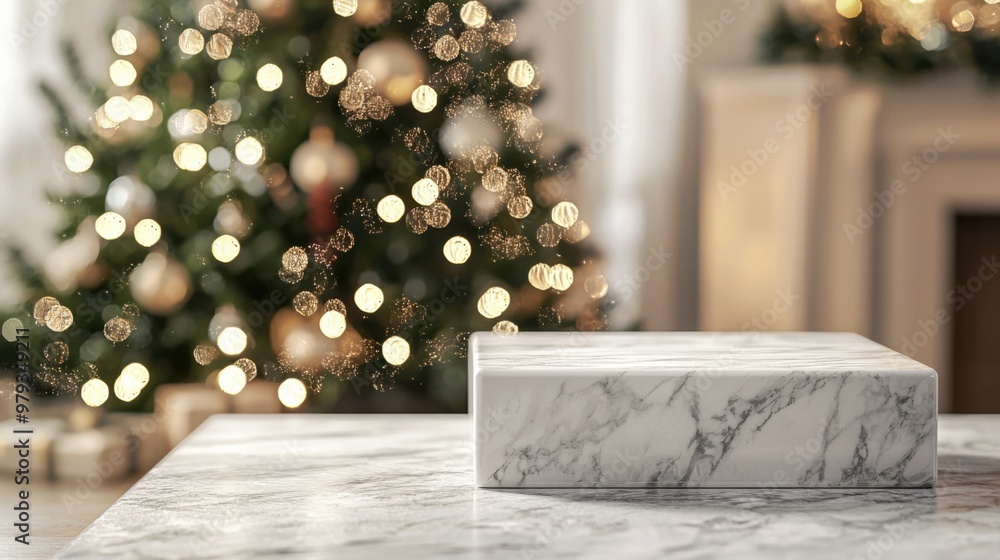marble stone stand for product display on background of room decorated with christmas tree with decorations, new year atmosphere marble stone stand for product display on background of room decorated with christmas tree with decorations, new year atmosphere