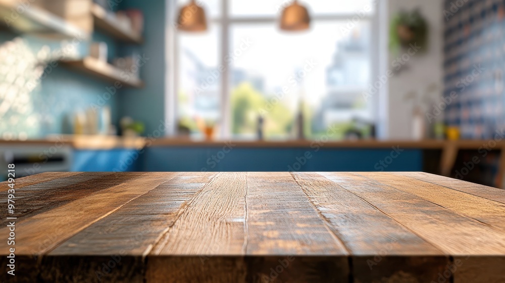 A wooden tabletop in a bright kitchen setting with a blurred background. A wooden tabletop in a bright kitchen setting with a blurred background.
