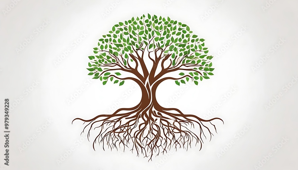 Naklejka premium Graphic tree roots,rooted tree logo design. banyan tree with circular shape,cut out, growth, no people, textured, damaged, root, illustration,78