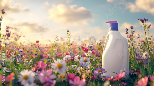 commercial scene with a laundry detergent bottle placed in a field of blooming wildflowers photo