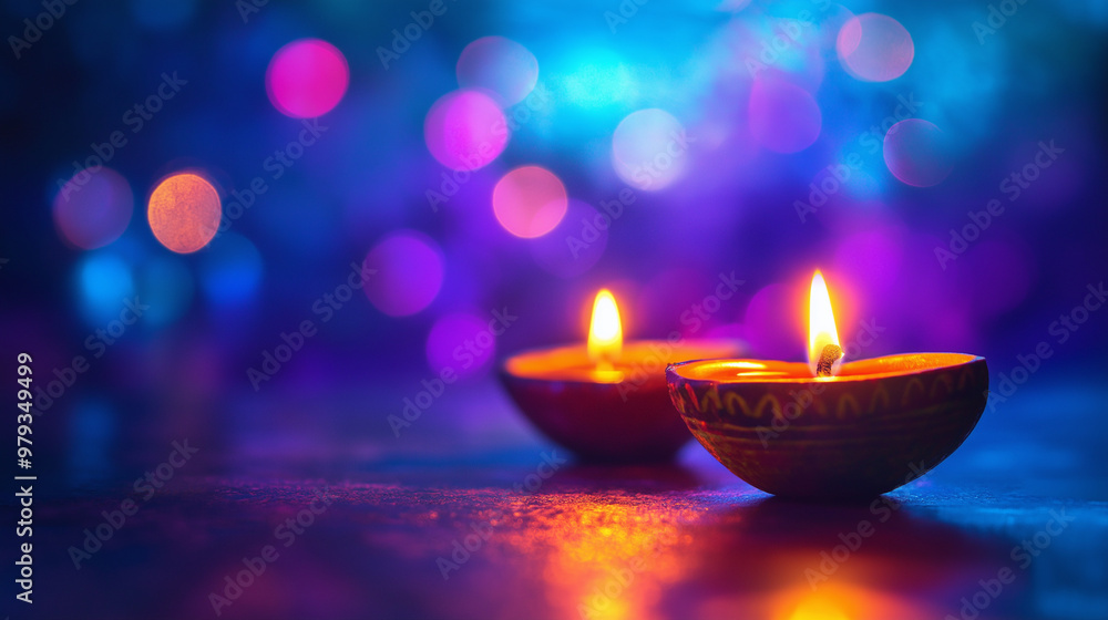 Diwali Lichterfest: Traditionelle Diya-Lampen & bunte Rangoli. Festliche indische Dekoration, Öllichter. Spirituelle Atmosphäre für Deepavali-Feier Diwali Lichterfest: Traditionelle Diya-Lampen & bunte Rangoli. Festliche indische Dekoration, Öllichter. Spirituelle Atmosphäre für Deepavali-Feier