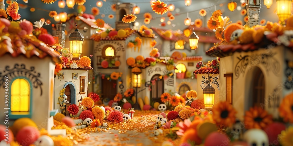 Naklejka premium Miniature festive Mexican street decorated for Dia de los Muerto