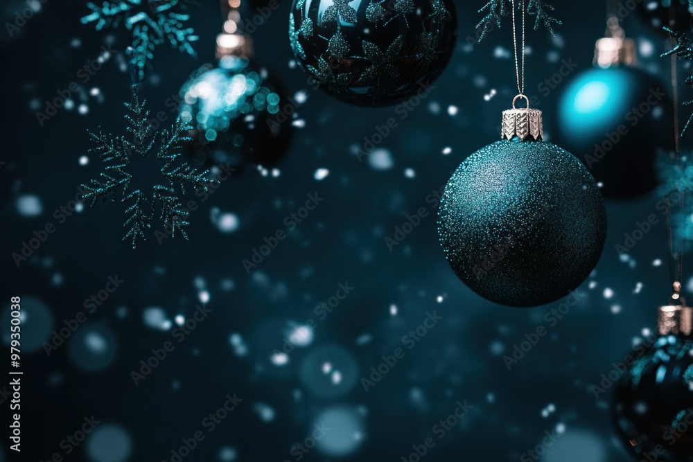 Teal Christmas Ornaments with Snowflake and Bokeh on a Dark Blue Background Teal Christmas Ornaments with Snowflake and Bokeh on a Dark Blue Background
