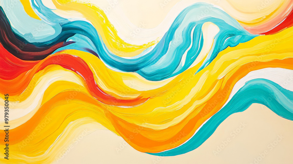 Bold dynamic waves of bright yellow, coral, and turquoise, forming abstract shapes that flow together in a vibrant, modern composition. Bold dynamic waves of bright yellow, coral, and turquoise, forming abstract shapes that flow together in a vibrant, modern composition.