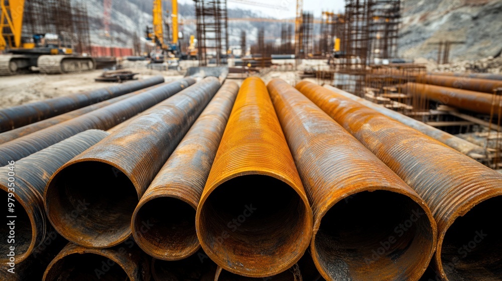 Steel pipes arranged in a large construction site, ready to be installed for a new building. The scene shows the pipes in various stages of installation Steel pipes arranged in a large construction site, ready to be installed for a new building. The scene shows the pipes in various stages of installation