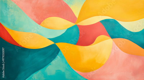 Bold dynamic waves of bright yellow, coral, and turquoise, forming abstract shapes that flow together in a vibrant, modern composition.