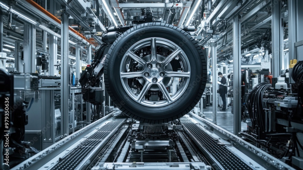 Obraz premium The assembly line showcases the final stage where alloy wheels are fitted with tires. Robotic arms stretch and fit the tires onto the rims