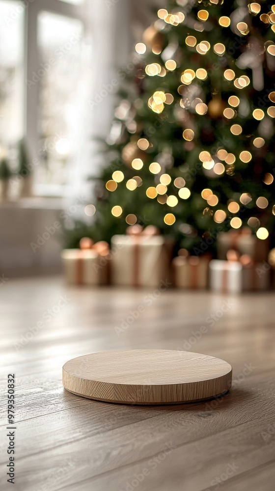 wooden floor for product display on background of room decorated with christmas tree with gift new year box, christmas atmosphere