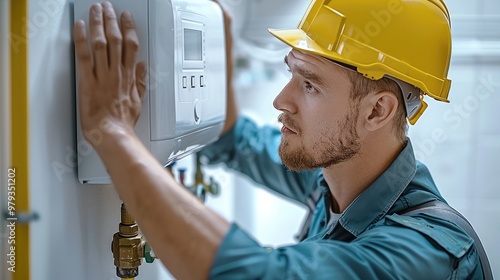 Engineer wearing a yellow hard hat, and blue overalls, installing a white energy-efficient boiler on a plain white wall. The engineer is focused and carefully adjusting the boiler. Generative AI.