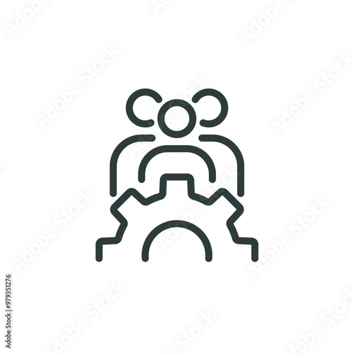 Team training, teamwork development, crm system outline icon. Line sign group of three people with a gear. Vector isolated pictograms for web on white background editable stroke.