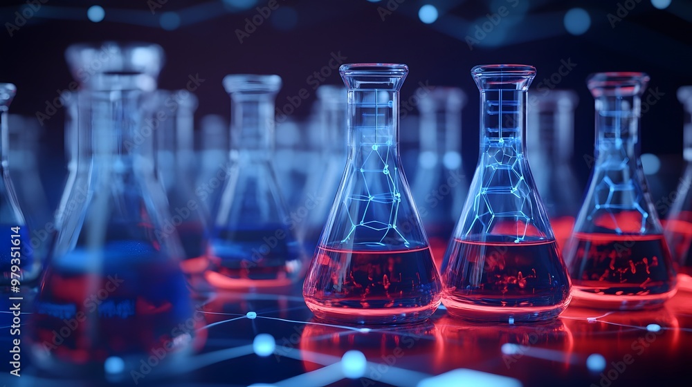 Two Glass Flasks with Blue and Red Liquid and Glowing Lines Two Glass Flasks with Blue and Red Liquid and Glowing Lines
