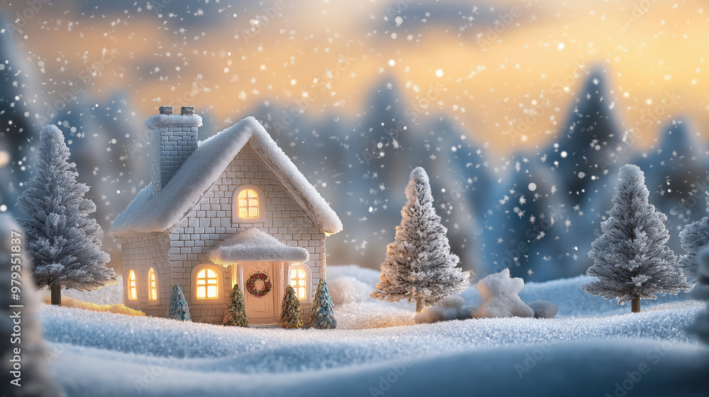 Cozy snowy cabin with warm lights amidst a winter wonderland landscape Cozy snowy cabin with warm lights amidst a winter wonderland landscape