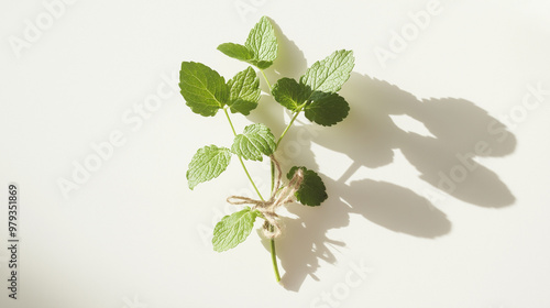 a single stem of lemon balm tied with a jute string its broad, serrated leaves giving off a fresh lemon scent against an isolated white background photo