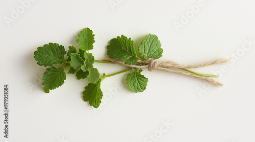 a single stem of lemon balm tied with a jute string its broad, serrated leaves giving off a fresh lemon scent against an isolated white background photo