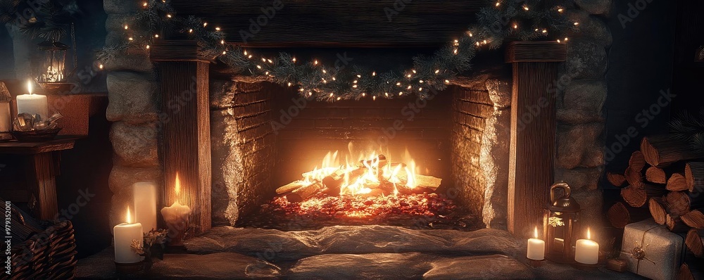 A cozy fireplace glowing warmly, adorned with twinkling lights and surrounded by candles, creating a serene winter atmosphere. A cozy fireplace glowing warmly, adorned with twinkling lights and surrounded by candles, creating a serene winter atmosphere.