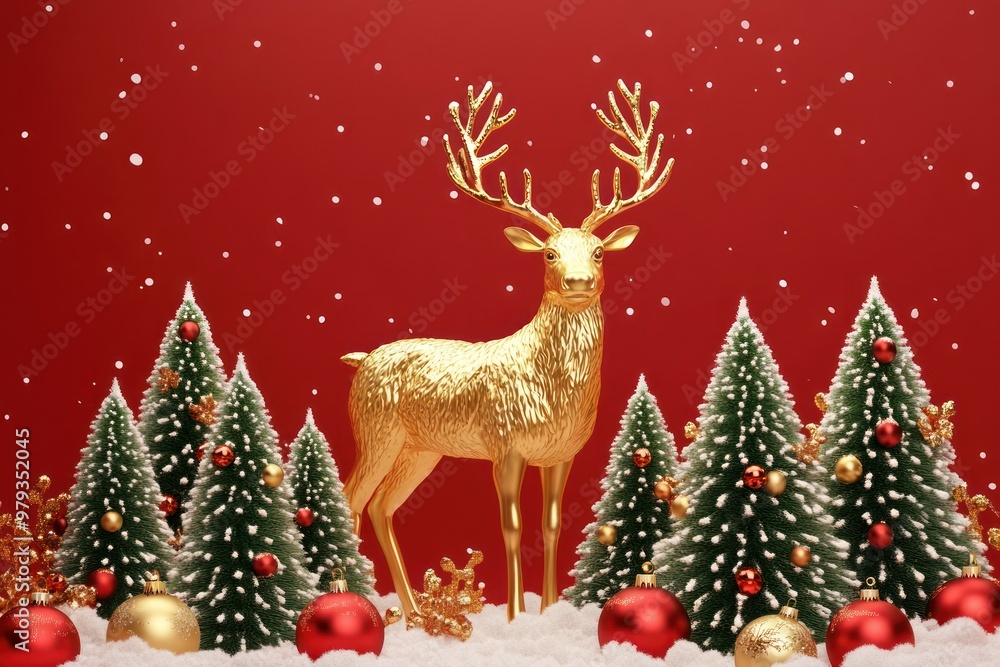 Golden Reindeer Surrounded by Snow-Covered Christmas Trees with Red and Gold Ornaments Golden Reindeer Surrounded by Snow-Covered Christmas Trees with Red and Gold Ornaments