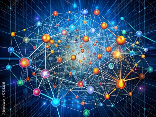 An abstract representation of X-ray dosimetry as a vibrant, intricate network of interconnected nodes and pathways, set against a dark blue background with subtle grid lines photo