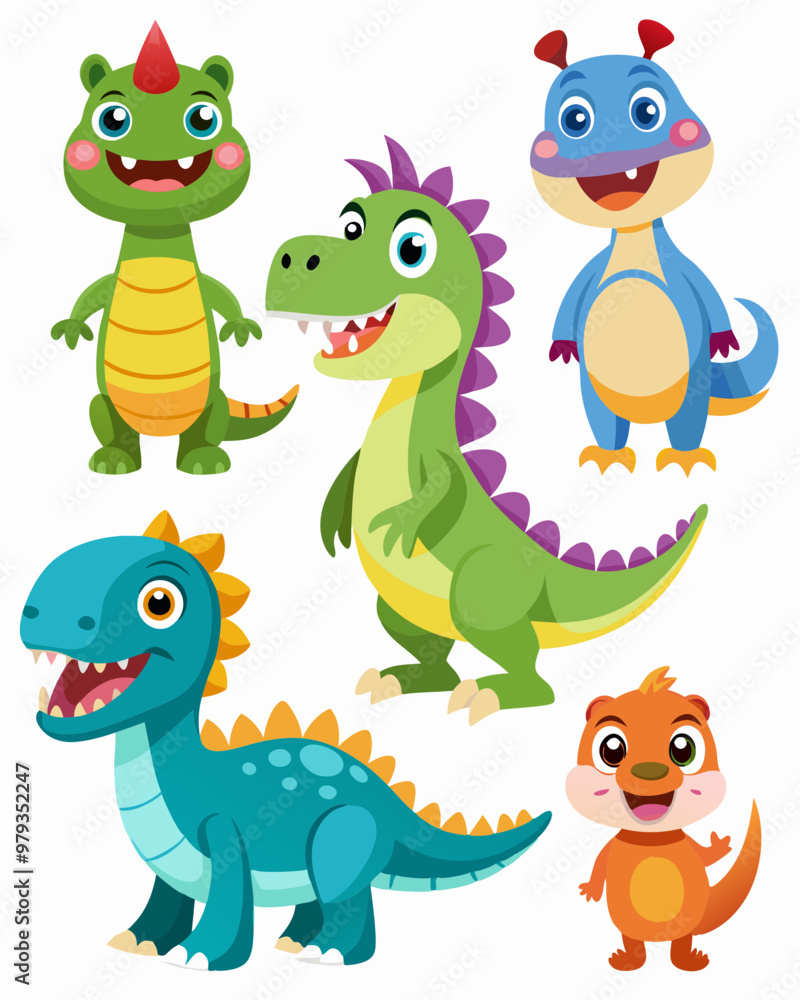 Naklejka premium Set of Isolated Various Dinosaurs Cartoon Characters