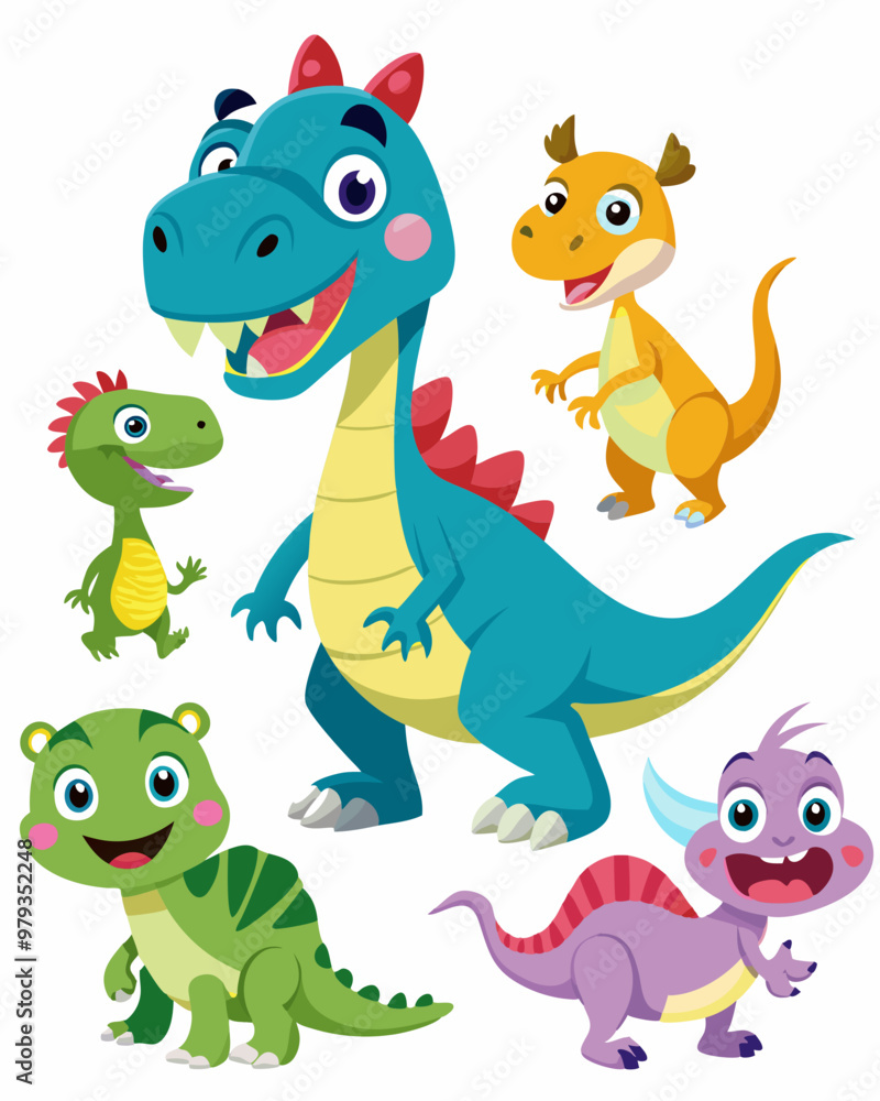 Naklejka premium Set of Isolated Various Dinosaurs Cartoon Characters