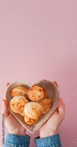 Wallpaper Mural Cheese bread brazilian Pao de Queijo mineiro, heart-shaped plate, woman's hand, top view flat lay Torontodigital.ca