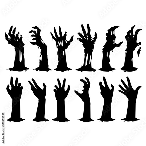 A zombie hand rising from the cemetery in a spooky night. Halloween party card - pumpkins and skeletons in the cemetery at night