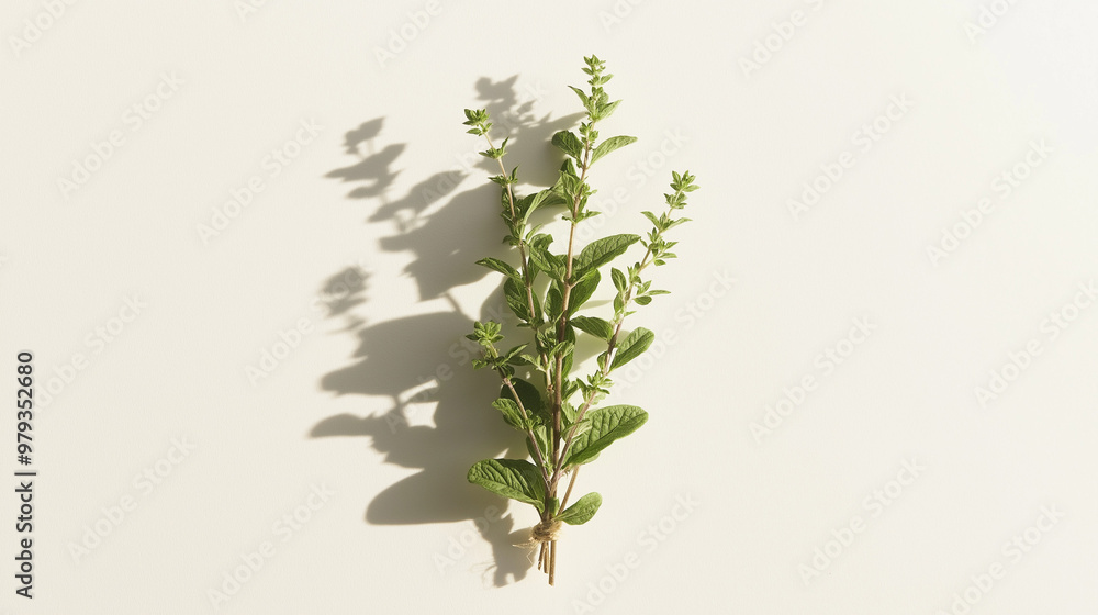 a small sprig of hyssop tied with biodegradable string its thin leaves capturing the herb’s medicinal aroma against an isolated white background a small sprig of hyssop tied with biodegradable string its thin leaves capturing the herb’s medicinal aroma against an isolated white background