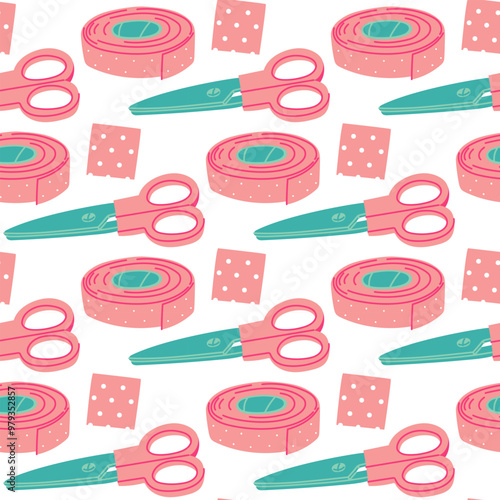 A pattern of colored flat roll of adhesive tape in a roll, scissors and a first aid item. Pink various patches with a perforated surface. Repeating scratch strips and scissors. Seamless texture