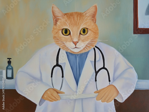 AI. A drawn red cat in a doctor's coat and with a stethoscope. Cartoon cat doctor posing for the camera.