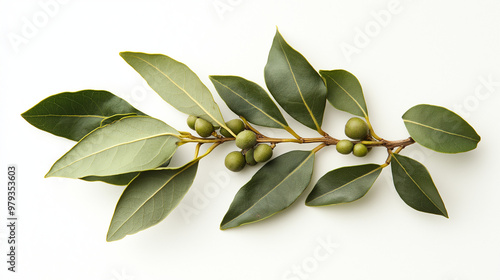 bay leaf with bay leaves and berries against an isolated white background