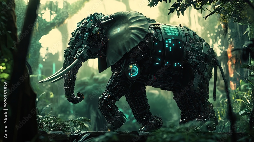 Fototapeta premium A cybernetic elephant walking through a futuristic jungle, its metallic trunk swinging with precision and glowing sensors. -