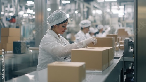 The factory's eco-friendly packaging area, where products are being packed in recyclable and biodegradable materials