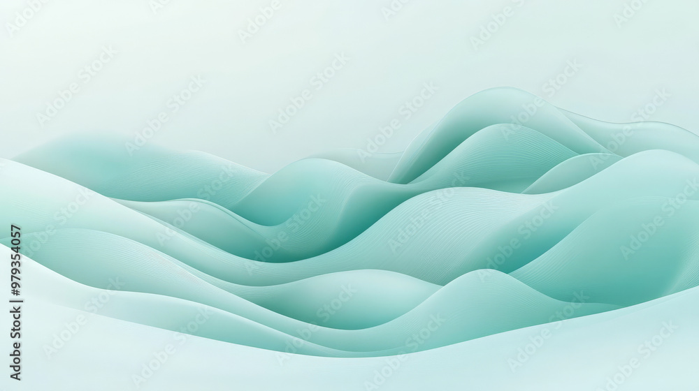 Fototapeta premium Smooth gradient background from pastel mint to light blue, with abstract dynamic patterns forming flowing waves that create a serene mood.