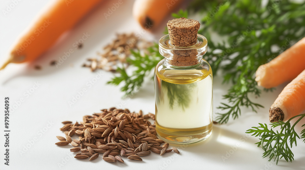 carrot seed essential oil with carrot seeds and leaves against an isolated white background carrot seed essential oil with carrot seeds and leaves against an isolated white background
