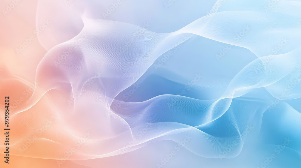 Fototapeta premium Smooth gradient transitions from soft peach to light blue, with dynamic, swirling abstract shapes for a calming yet lively background.