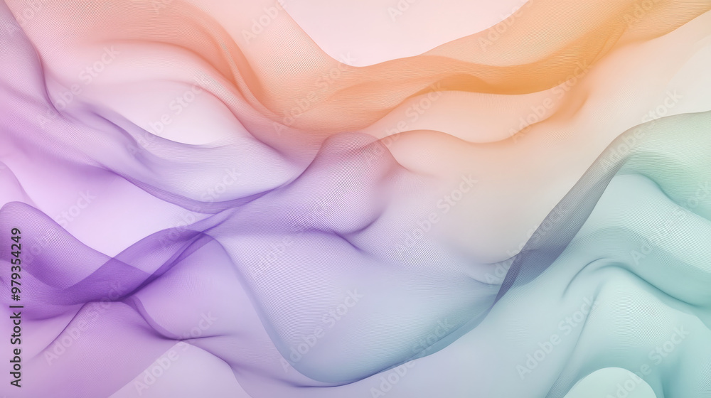 Obraz premium Smooth gradients of soft lavender, pale peach, and light teal, with dynamic abstract waves forming an elegant and calming background.