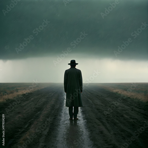 A depressed man walking alone, a solitary figure cloaked in a dark robe standing at the beginning of a path that cuts through a desolate, misty landscape under an overcast sky. 