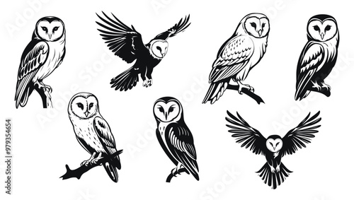 Set of barn owl illustrations in various poses, detailed vector illustration. Black and white designs featuring owls perched, in flight, and with facial details.