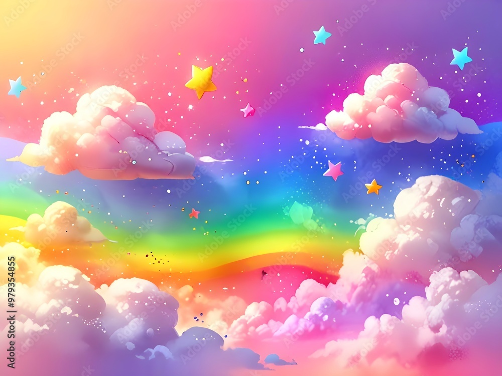 Rainbow Sky with Fluffy Clouds and Stars Rainbow Sky with Fluffy Clouds and Stars