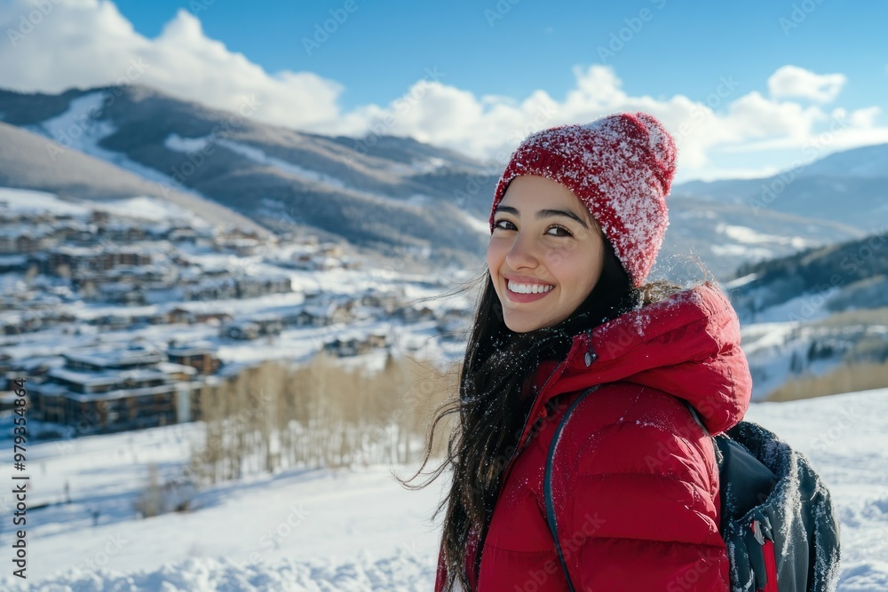 Woman in Red Winter Gear Smiling Against Snowy Mountain Landscape Woman in Red Winter Gear Smiling Against Snowy Mountain Landscape