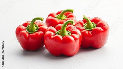 Fresh red bell peppers arranged beautifully, showcasing their vibrant color and glossy texture. Perfect for healthy meals and vibrant dishes.