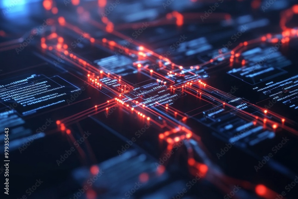 Obraz premium High-tech circuit board illuminated with vibrant red and blue lights showcases intricate electronic pathways at night