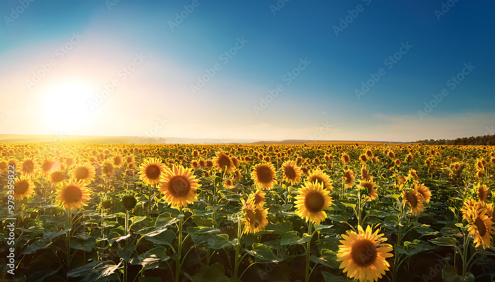 Fototapeta premium sunflower field clear sky flowers facing sun
