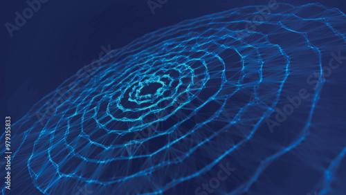 Abstract background with dynamic wave. Circular wave of dots. Musical sound wave. Dark background. Big data visualization. Plexus. Vector illustration.