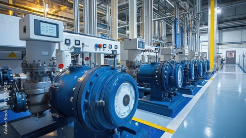 The interior of a high-pressure pump room, with large, powerful pumps arranged in a line photo